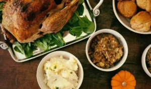 Turney, potatoes, and stuffing on a table